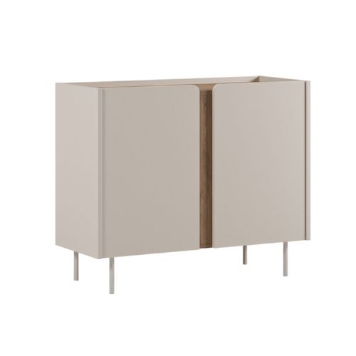 Meuble De Rangement 2 Portes En Mélaminé Beige Et Imitation Bois Avec Découpe Graphique Bandeau
