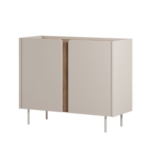 Meuble De Rangement 2 Portes En Mélaminé Beige Et Imitation Bois Avec Découpe Graphique Bandeau