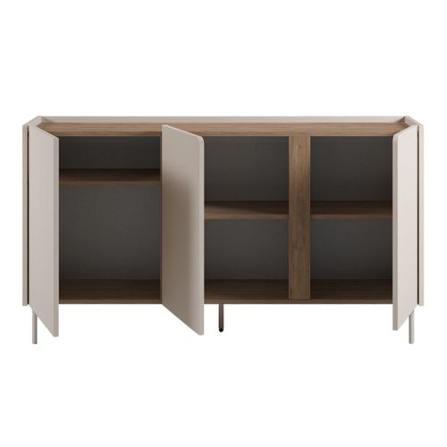 Buffet 3 Portes 150cm En Mélaminé Beige Et Imitation Bois Avec Découpe Graphique Bandeau - Liwenn