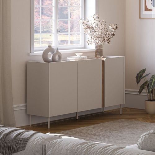 Buffet 3 Portes 150cm En Mélaminé Beige Et Imitation Bois Avec Découpe Graphique Bandeau - Liwenn