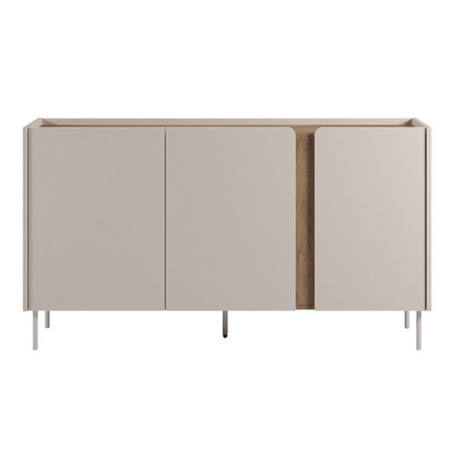 Buffet 3 Portes 150cm En Mélaminé Beige Et Imitation Bois Avec Découpe Graphique Bandeau - Liwenn