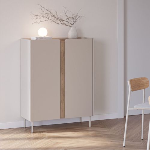 Meuble D'appoint 2 Portes En Mélaminé Beige Et Imitation Bois Avec Découpe Graphique Bandeau - Liwe