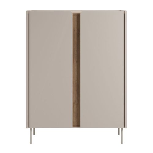 Meuble D'appoint 2 Portes En Mélaminé Beige Et Imitation Bois Avec Découpe Graphique Bandeau - Liwe