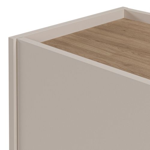 Meuble D'appoint 2 Portes En Mélaminé Beige Et Imitation Bois Avec Découpe Graphique Bandeau - Liwe