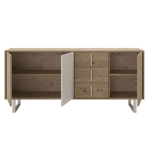 Buffet 3 Portes 3 Tiroirs En Mélaminé Imitation Bois Et Beige Piètement Et Poignées Métal - Myrine