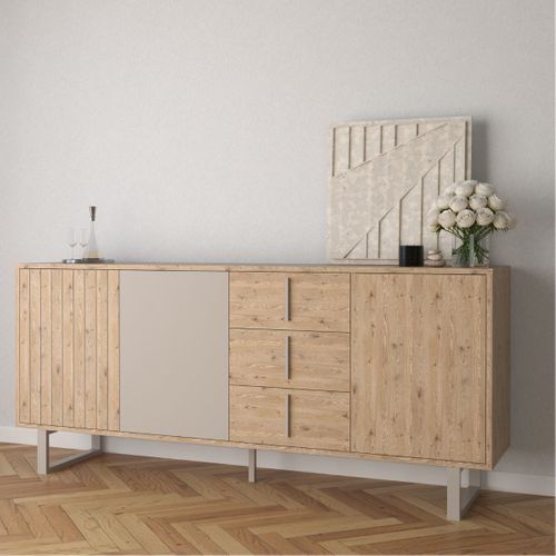 Buffet 3 Portes 3 Tiroirs En Mélaminé Imitation Bois Et Beige Piètement Et Poignées Métal - Myrine