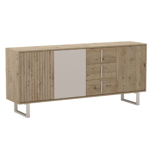 Buffet 3 Portes 3 Tiroirs En Mélaminé Imitation Bois Et Beige Piètement Et Poignées Métal - Myrine