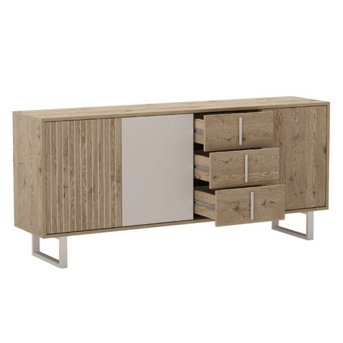 Buffet 3 Portes 3 Tiroirs En Mélaminé Imitation Bois Et Beige Piètement Et Poignées Métal - Myrine