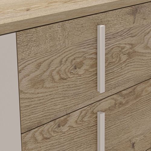 Buffet 3 Portes 3 Tiroirs En Mélaminé Imitation Bois Et Beige Piètement Et Poignées Métal - Myrine