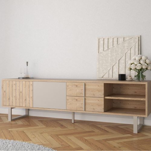 Meuble TV 2p 2t Et 2 Niches En Mélaminé Imitation Bois Et Beige Piètement Et Poignées Métal - Myrin