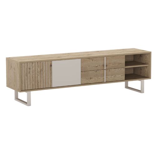 Meuble TV 2p 2t Et 2 Niches En Mélaminé Imitation Bois Et Beige Piètement Et Poignées Métal - Myrin