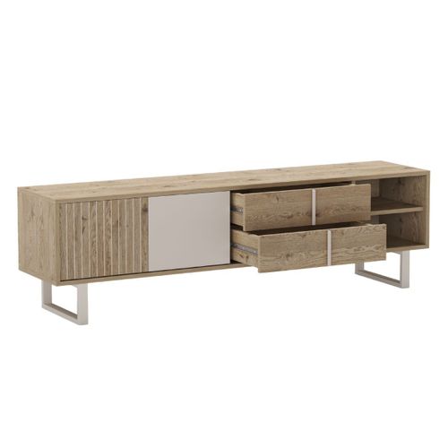 Meuble TV 2p 2t Et 2 Niches En Mélaminé Imitation Bois Et Beige Piètement Et Poignées Métal - Myrin