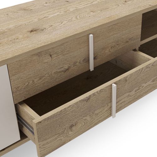 Meuble TV 2p 2t Et 2 Niches En Mélaminé Imitation Bois Et Beige Piètement Et Poignées Métal - Myrin