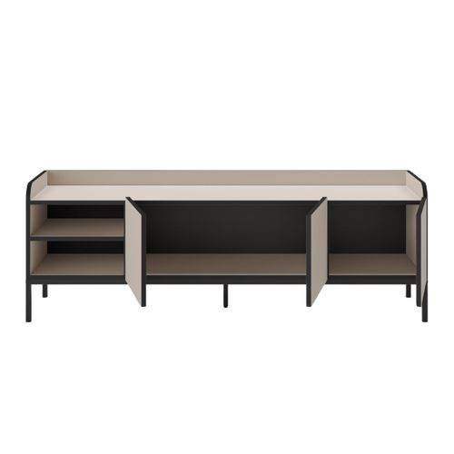 Meuble TV 3 Portes 2 Niches En Mélaminé Beige Et Noir Pieds Métal Noir - Aelia