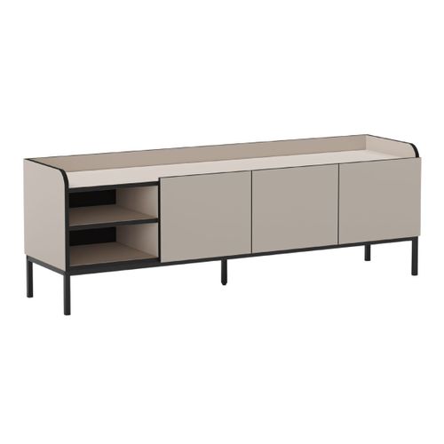 Meuble TV 3 Portes 2 Niches En Mélaminé Beige Et Noir Pieds Métal Noir - Aelia