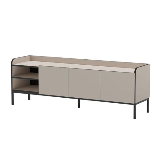 Meuble TV 3 Portes 2 Niches En Mélaminé Beige Et Noir Pieds Métal Noir - Aelia