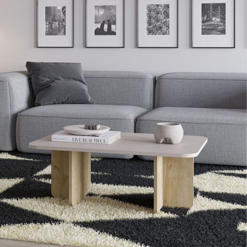 Table Basse Rectangulaire En Mélaminé Plateau Beige Et Piètement Imitation Bois - Hestia