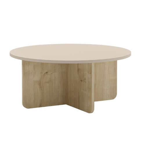 Table Basse Ronde Ø80cm En Mélaminé Plateau Beige Et Piètement Imitation Bois - Hestia