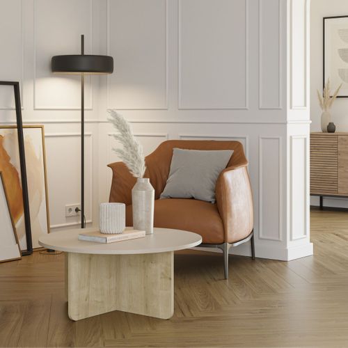 Table Basse Ronde Ø80cm En Mélaminé Plateau Beige Et Piètement Imitation Bois - Hestia