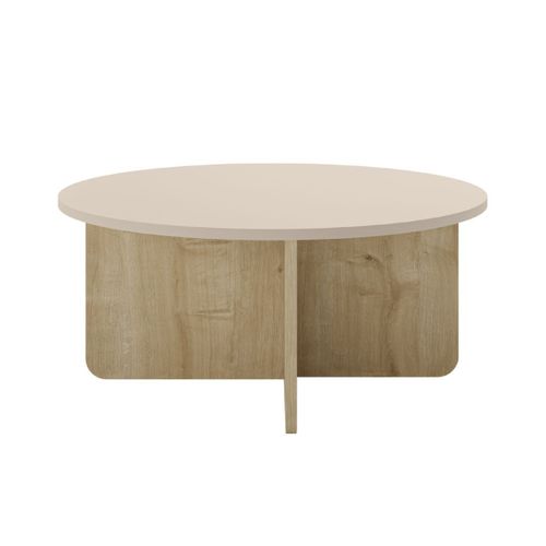 Table Basse Ronde Ø80cm En Mélaminé Plateau Beige Et Piètement Imitation Bois - Hestia