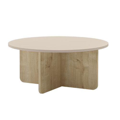 Table Basse Ronde Ø80cm En Mélaminé Plateau Beige Et Piètement Imitation Bois - Hestia