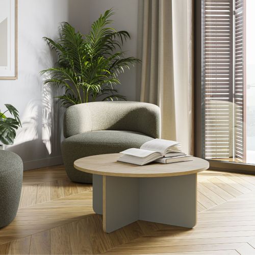 Table Basse Ronde Ø80cm En Mélaminé Plateau Imitation Bois Et Piètement Vert Sauge - Hestia