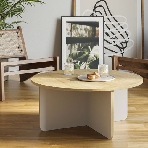 Table Basse Ronde Ø80cm En Mélaminé Plateau Imitation Bois Et Piètement Beige - Hestia