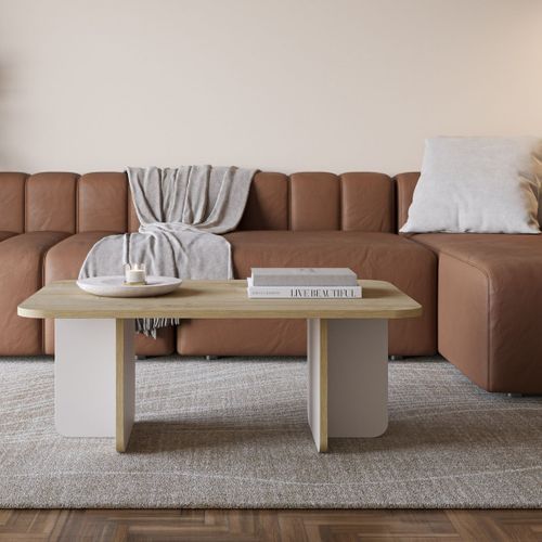 Table Basse Rectangulaire En Mélaminé Plateau Imitation Bois Et Piètement Beige - Hestia