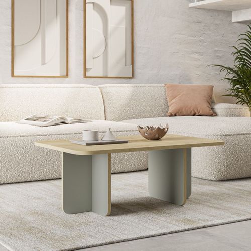 Table Basse Rectangulaire En Mélaminé Plateau Imitation Bois Et Piètement Vert Sauge - Hestia