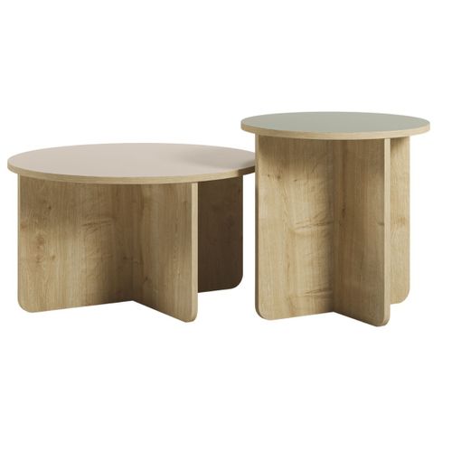 Ensemble Tables Basses 1 Table Ø70 Plateau Beige Et 1 Table Ø50 Plateau Vert Sauge Piètement Imitat