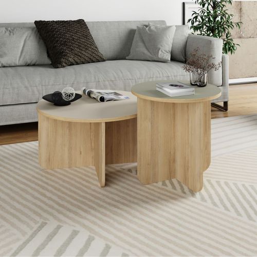 Ensemble Tables Basses 1 Table Ø70 Plateau Beige Et 1 Table Ø50 Plateau Vert Sauge Piètement Imitat
