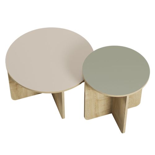 Ensemble Tables Basses 1 Table Ø70 Plateau Beige Et 1 Table Ø50 Plateau Vert Sauge Piètement Imitat