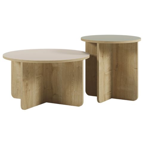 Ensemble Tables Basses 1 Table Ø70 Plateau Beige Et 1 Table Ø50 Plateau Vert Sauge Piètement Imitat