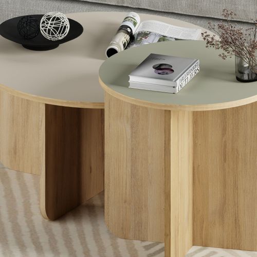 Ensemble Tables Basses 1 Table Ø70 Plateau Beige Et 1 Table Ø50 Plateau Vert Sauge Piètement Imitat