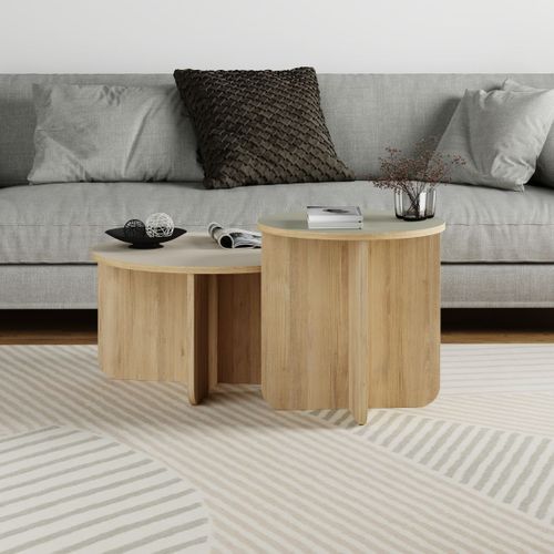 Ensemble Tables Basses 1 Table Ø70 Plateau Beige Et 1 Table Ø50 Plateau Vert Sauge Piètement Imitat