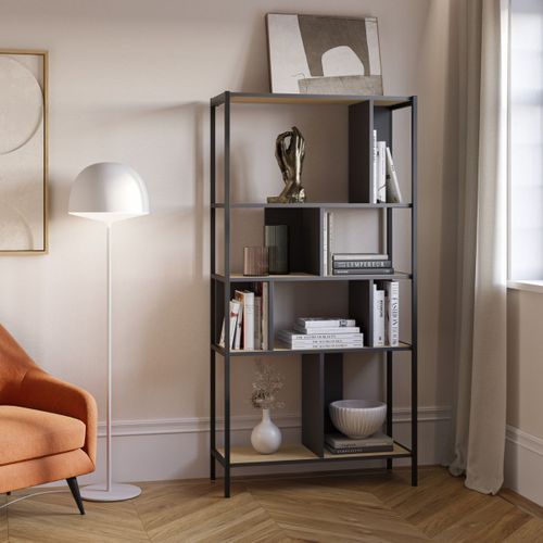 Etagère Graphique 4 Niveaux 88cm En Mélaminé Imitation Bois Et Structure En Métal Laqué Noir - Anth