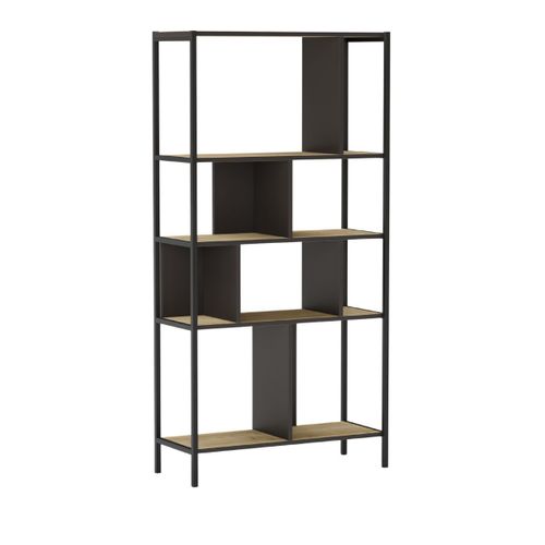 Etagère Graphique 4 Niveaux 88cm En Mélaminé Imitation Bois Et Structure En Métal Laqué Noir - Anth