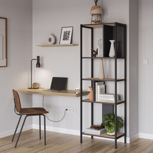 Etagère Graphique 4 Niveaux 58cm En Mélaminé Imitation Bois Et Structure En Métal Laqué Noir - Anth