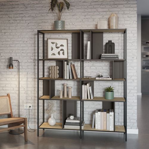 Etagère Graphique 4 Niveaux 144cm En Mélaminé Imitation Bois Et Structure En Métal Laqué Noir - Ant