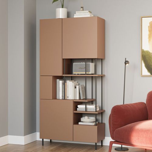 Etagère Graphique Et Asymétrique Semi-ouverte 5 Portes En Mélaminé Terracotta Et Métal Noir - Manel