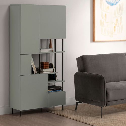 Etagère Graphique Et Asymétrique Semi-ouverte 5 Portes En Mélaminé Vert Sauge Et Métal Noir - Manel