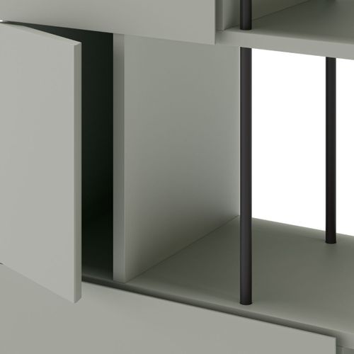 Etagère Graphique Et Asymétrique Semi-ouverte 5 Portes En Mélaminé Vert Sauge Et Métal Noir - Manel