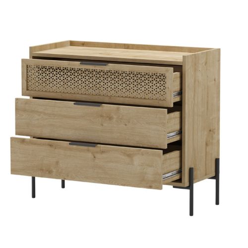 Commode 3 Tiroirs Dont 1 Sculpté En Mélaminé Imitation Bois Clair Piètement Métal Noir. - Melissa