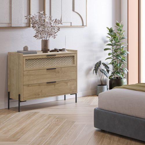 Commode 3 Tiroirs Dont 1 Sculpté En Mélaminé Imitation Bois Clair Piètement Métal Noir. - Melissa