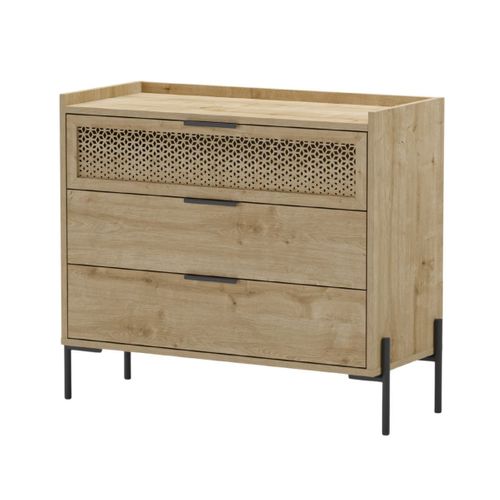 Commode 3 Tiroirs Dont 1 Sculpté En Mélaminé Imitation Bois Clair Piètement Métal Noir. - Melissa