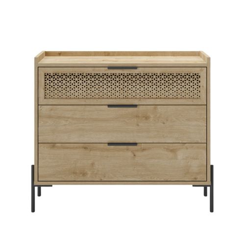 Commode 3 Tiroirs Dont 1 Sculpté En Mélaminé Imitation Bois Clair Piètement Métal Noir. - Melissa