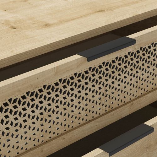 Commode 3 Tiroirs Dont 1 Sculpté En Mélaminé Imitation Bois Clair Piètement Métal Noir. - Melissa