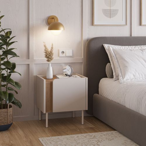 Chevet 1 Porte En Mélaminé Beige Et Imitation Bois Avec Découpe Graphique Bandeau - Liwenn