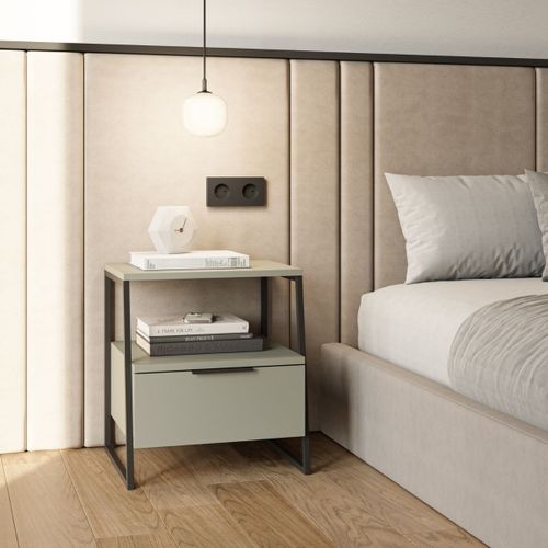 Chevet 2 Niveaux Avec 1 Tiroir En Mélaminé Vert Sauge Et Structure En Métal Laqué Noir - Veliani