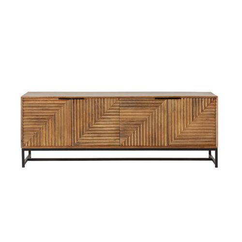Meuble TV 4 Portes En Manguier Massif Relief Graphique Oblique Piètement Métal Laqué Noir - Neria